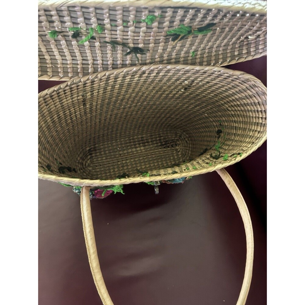 Vintage 1960s Mexican Woven Straw Basket Purse 3D Palm Leaf Flowers MCM Tote Bag - Picture 9 of 9